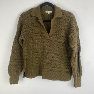 Madewell Women's Sunbury Open Stitch Polo Sweater Size M Olive Green 100% Cotton